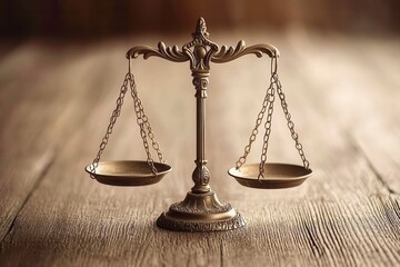 Dramatic lighting highlighting decorative scales of justice on a rustic wooden table, symbolizing legal judgment