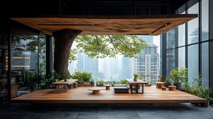 Fototapeta premium Modern interior design with natural elements and city view