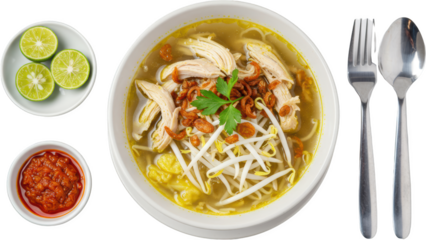 Delicious Indonesian Soto Ayam Soup with Chicken Noodles Bean Sprouts and Lime