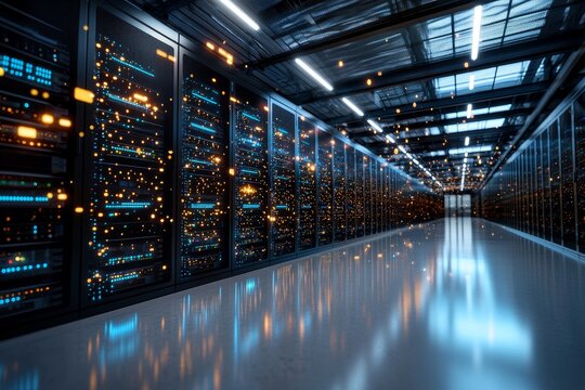 A modern data center with rows of advanced server racks, illuminated by numerous blinking lights, adorned with network cables, and equipped with cooling ducts in a brightly lit area