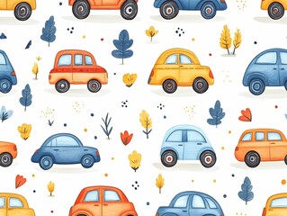 Watercolor cars and autumn leaves forming vibrant, whimsical pattern perfect for children's design, enhancing textile and decor with playful, soft color palette