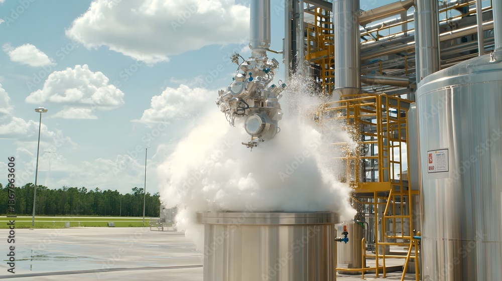 Poster futuristic ai powered industrial emissions scrubbers capturing and converting pollutants into clean 