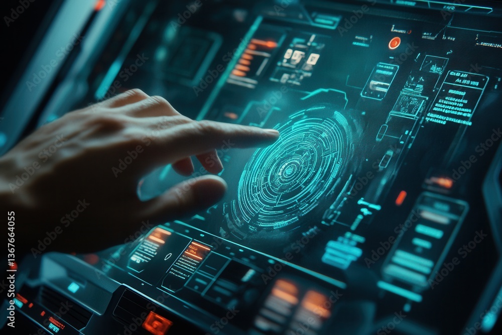 Poster digital passport verification concept with a hand touching a futuristic interface, symbolizing biome
