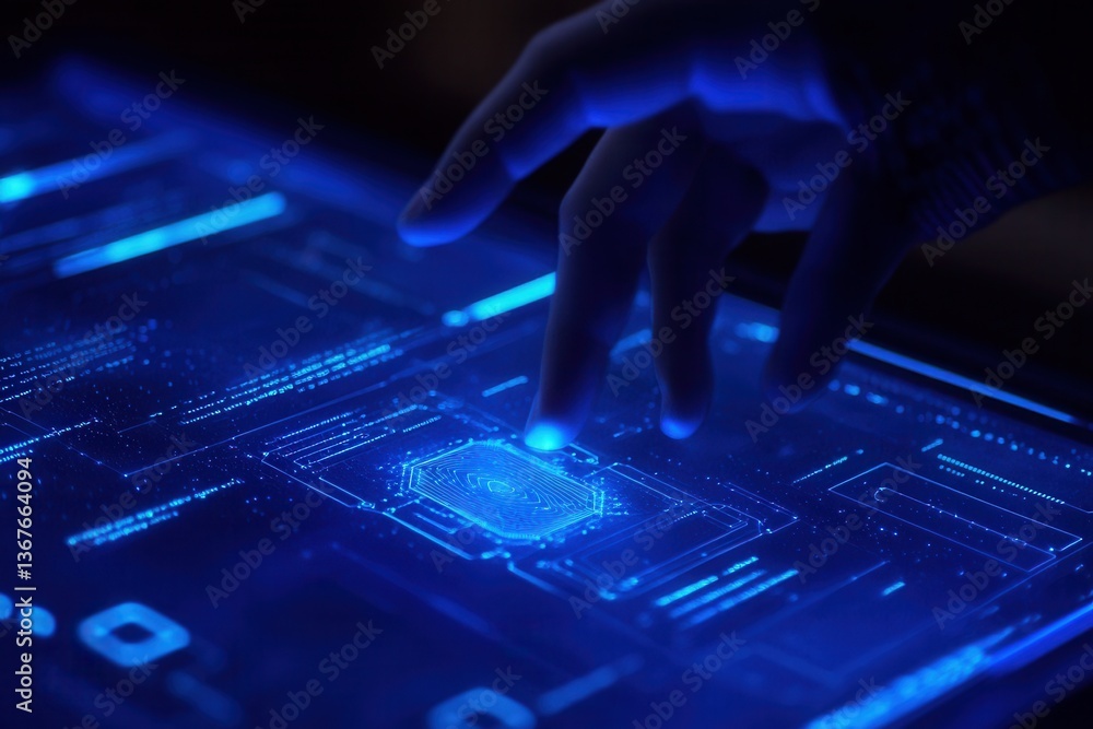 Poster hand interacting with a futuristic interface for digital passport verification, highlighting digital