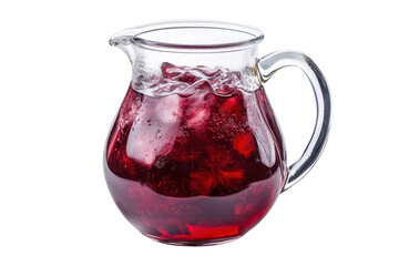 Refreshing red beverage with ice cubes in a clear glass pitcher on a bright backdrop isolated on transparent background