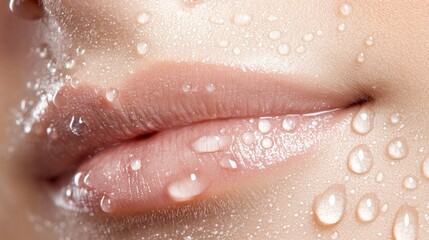 Fototapeta premium A woman's lips and skin are captured in a close-up, showcasing their glossy and dewy texture with water droplets on her cheek