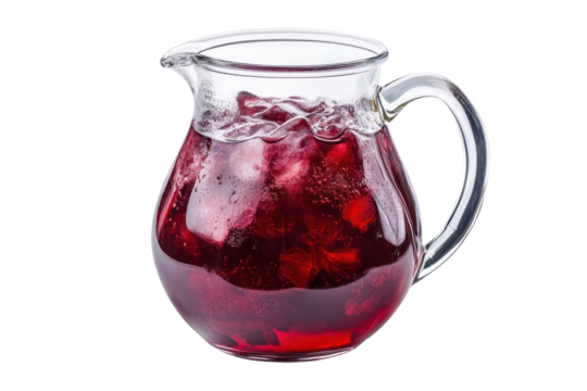 Refreshing red beverage with ice cubes in a clear glass pitcher on a bright backdrop isolated on transparent background