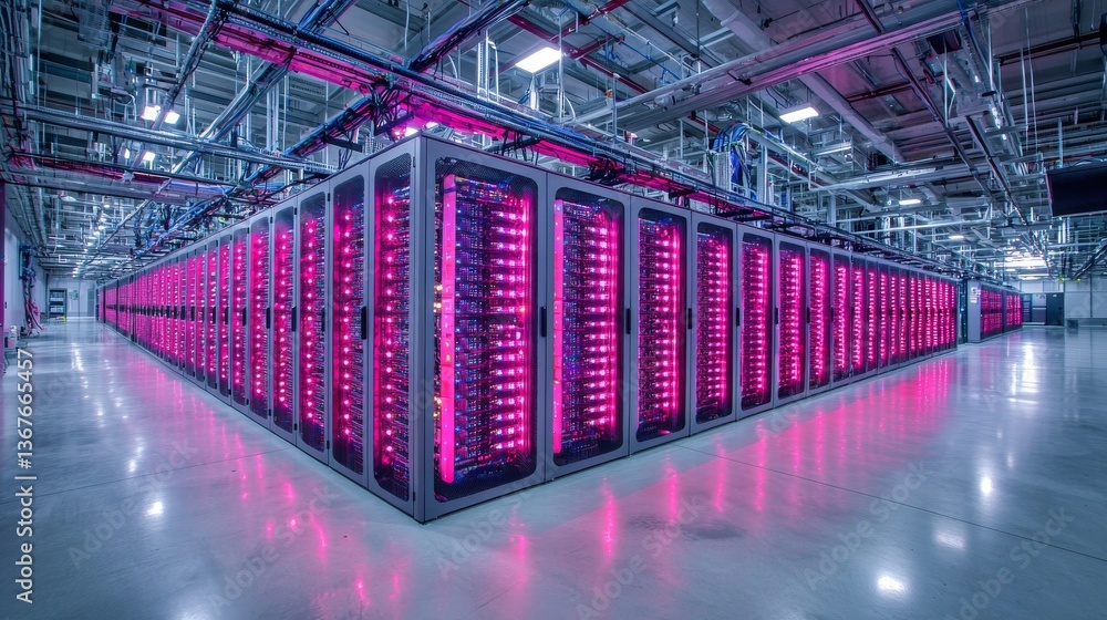 Poster in a modern data center, a corridor is filled at night with the red glow of rows of server racks