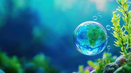 A bubble containing a miniature Earth floats underwater amidst vibrant plants, symbolizing the beauty and fragility of our planet, Green Technology.