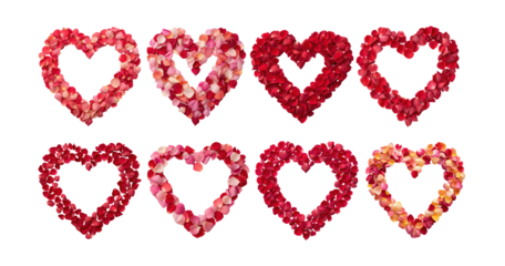 Set of Heart-shaped rose petal design PNG cutout A stunning heart made of realistic rose petals, isolated on a white transparent background, mockups, artwork, romantic graphic design projects