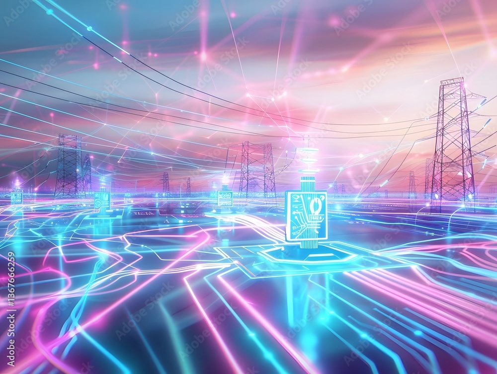 Poster futuristic digital visualization of an ai optimized smart energy grid system featuring glowing neon 