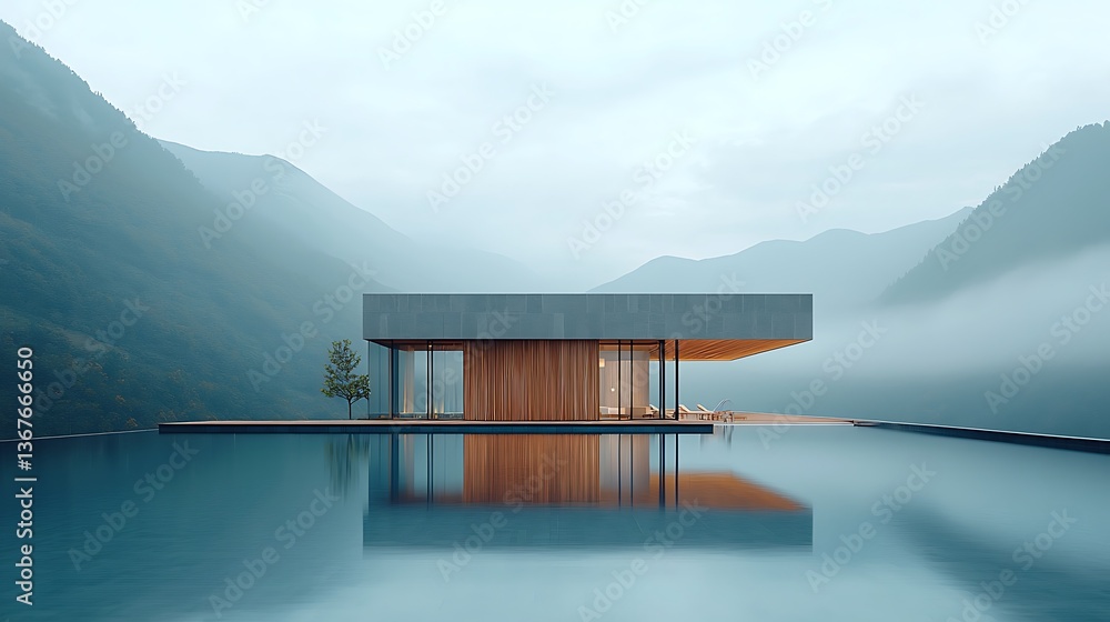 Poster Modern minimalist architecture design with water reflection