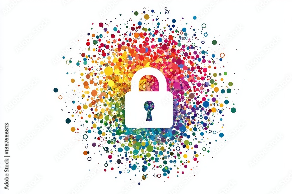 Poster a white background features a 3d rendering of an open digital lock icon alongside coding text, illus