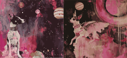 Dog, Grunge art, background, collage, pink and black, sepia, photo, painted, abstract, experimental, glitch, artistic, backdrop, creative, artwork, set with elements, flower, weird, creepy, horror © Miriam