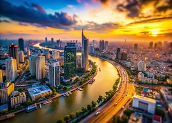 Fototapeta premium Ho Chi Minh City Sunset Skyline, Tilt-Shift Aerial View, May 2016