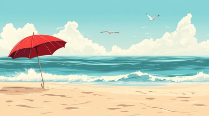 Red umbrella on sandy beach with ocean waves and seagulls under a sunny sky.