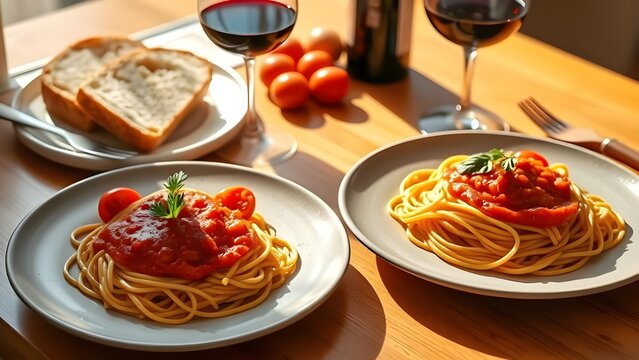 spaghettis bolognaise et verres de vin