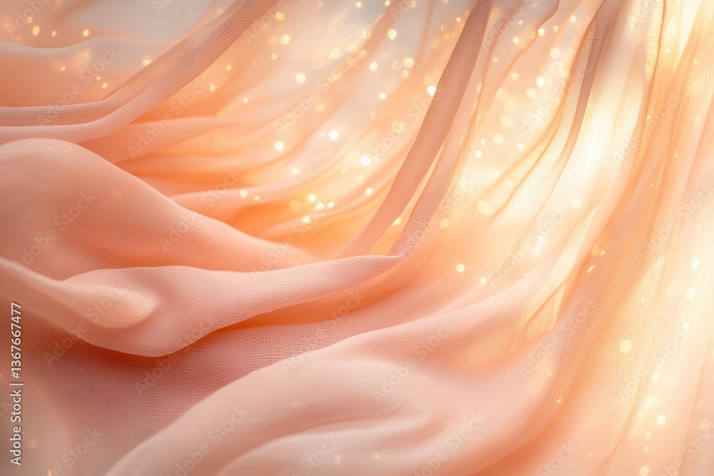 Poster ethereal sunlight streaming through sheer peach-colored curtains, creating a magical bokeh and soft 