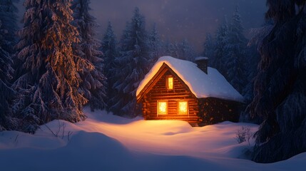 A cozy winter cabin with snow-covered roof and a fireplace glowing inside