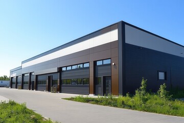 Contemporary warehouse building with a sleek design and a small office unit at the entrance