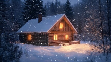 A cozy winter cabin with snow-covered roof and a fireplace glowing inside