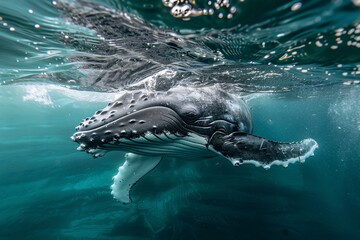 Obraz premium Humpback whale swims close to the ocean's surface