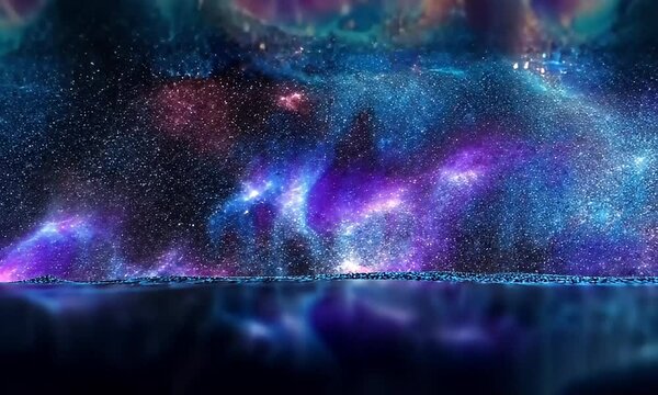 A digital abstract landscape featuring shimmering, flowing, textured fields of color and sparkling particles.