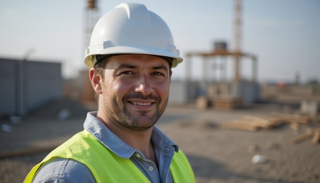 Smiling construction worker wearing a white hard hat and high-visibility vest standing on a sunny construction site with cranes in the background.