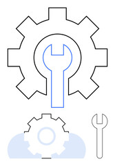 Wrench positioned centrally within a gear representing tools, repair, and mechanical operations. Ideal for technology, engineering, maintenance, manufacturing, industrial processes, optimization