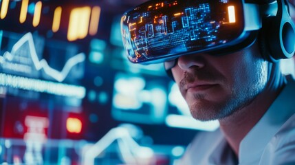 Immersive virtual reality experience in a modern tech lab during a digital simulation demonstration