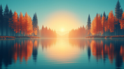 Fototapeta premium Lac avec reflets d'arbres d'automne et coucher de soleil