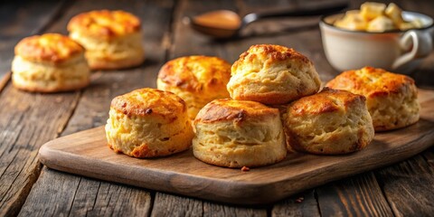 Homemade Cheese Scones on Rustic Wooden Board - Delicious Bakery Treat