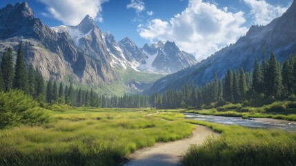A scenic mountain valley landscape featuring lush green meadows, a rushing river, a winding dirt path