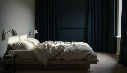 Modern bedroom with a bed and dark curtains illuminated by natural light. Promotes relaxation and tranquility.