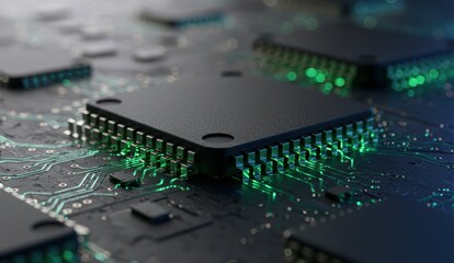 Obraz premium Black microchip on circuit board with green LED lights. Represents technology, innovation, and electronics.
