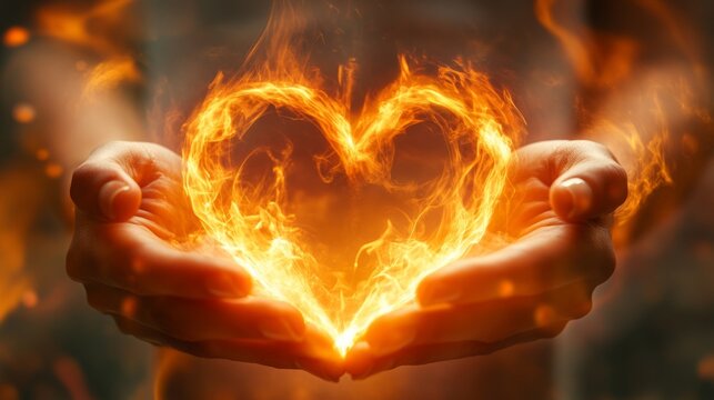 Hands create a fiery heart symbolizing passion and warmth in a vibrant display of energy and light