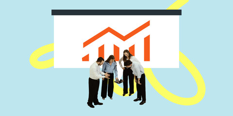 Conceptual visual. Team discussing upward graph on screen. Planning session, business optimism, revenue growth. Concept of leadership, teamwork, business intelligence, pitch presentation.