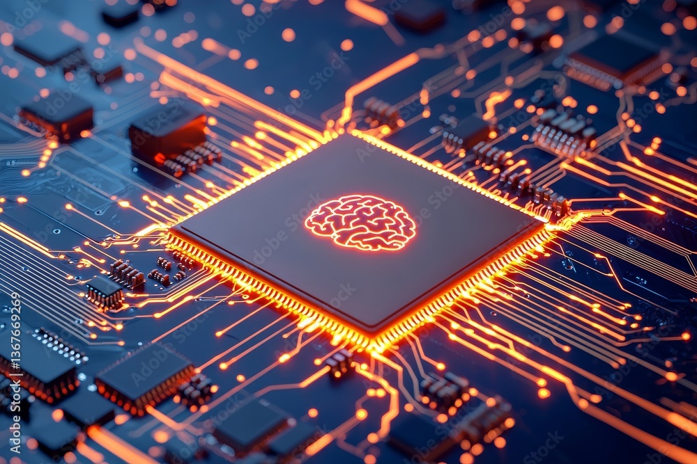 Poster glowing brain on a computer motherboard centered around a microchip, representing stock markets and 