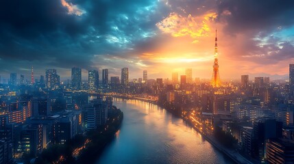 Fototapeta premium Tokyo Cityscape at Sunset Showing Iconic Tower and Illuminated Skyline
