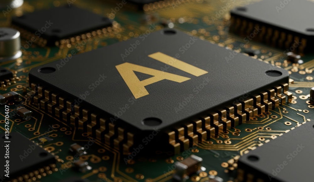 Poster close-up of black computer chip with ai lettering on circuit board. represents technological advance