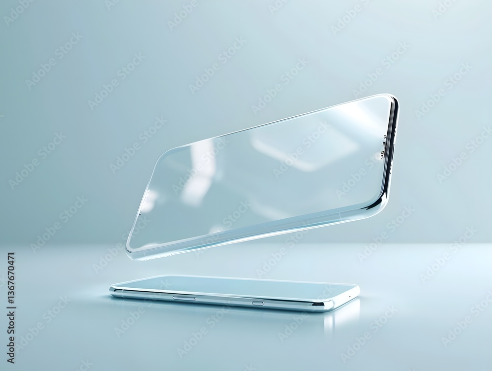 Poster futuristic transparent smartphone with floating display levitating above a clean minimalist white ba