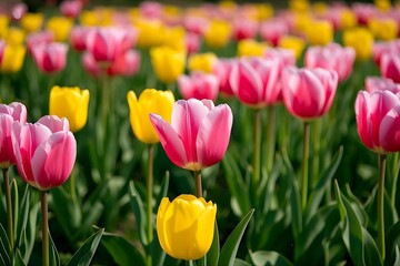 Fototapeta premium Colorful Pink and Yellow Tulips in Full Bloom in a Spring Garden 