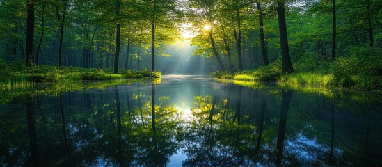 Obraz premium Sunbeams on Forest Stream, Calm Reflection