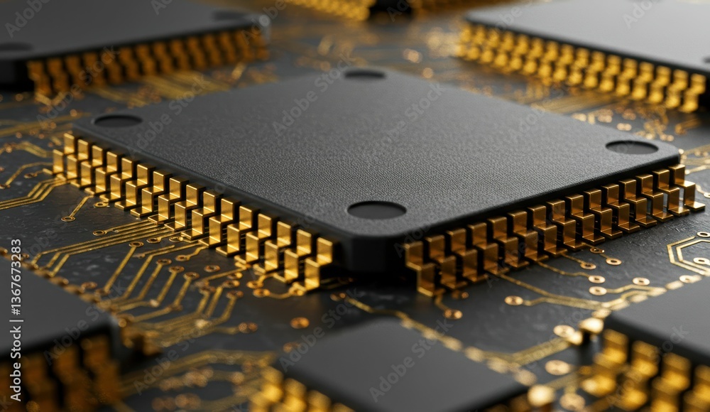 Poster close-up of microchip on circuit board showcasing electronics and technology innovation.