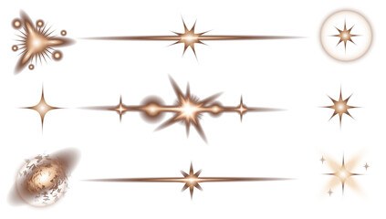 Gold star icon set in futuristic isolated. Glossy golden cyber star. Galaxy emoji with falling star, bling, spark. Stars in space. Isolated glints set. Sparkle glares. Vector shimmering elements