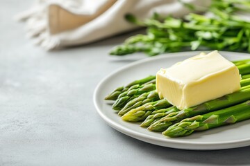 Fresh asparagus spears topped with a melting butter pat on a white ceramic plate, captured in soft-focus background