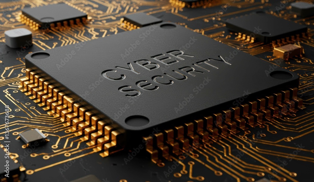 Poster computer chip with cyber security engraved. focus on technology and digital security themes.