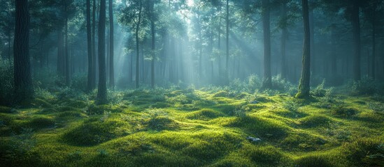 Obraz premium Sunlight in Misty Forest. Peaceful Nature