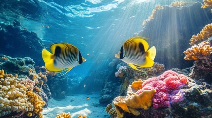 Fototapeta premium Swimming Butterflyfish Pair with Coral Reef and Sunrays Underwater Scene