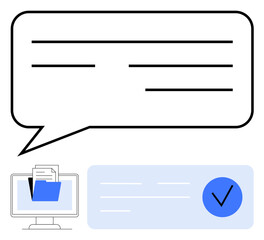 Speech bubble above monitor with folder and documents, checkmark icon. Ideal for communication, organization, productivity, digital workflows, task management, information sharing, content creation © robu_s